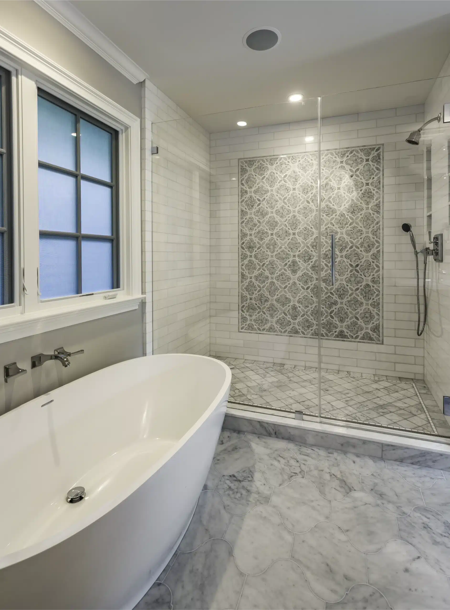 Master bathroom with soaking tub and walk-in shower