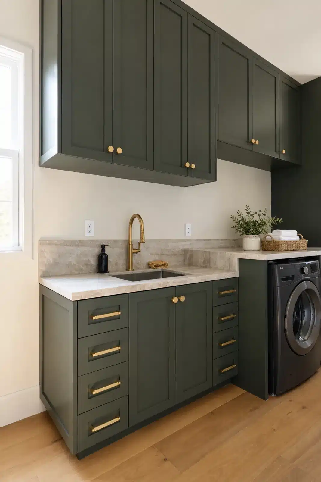 Green laundry cabinetry with brass pulls and quartzite countertop