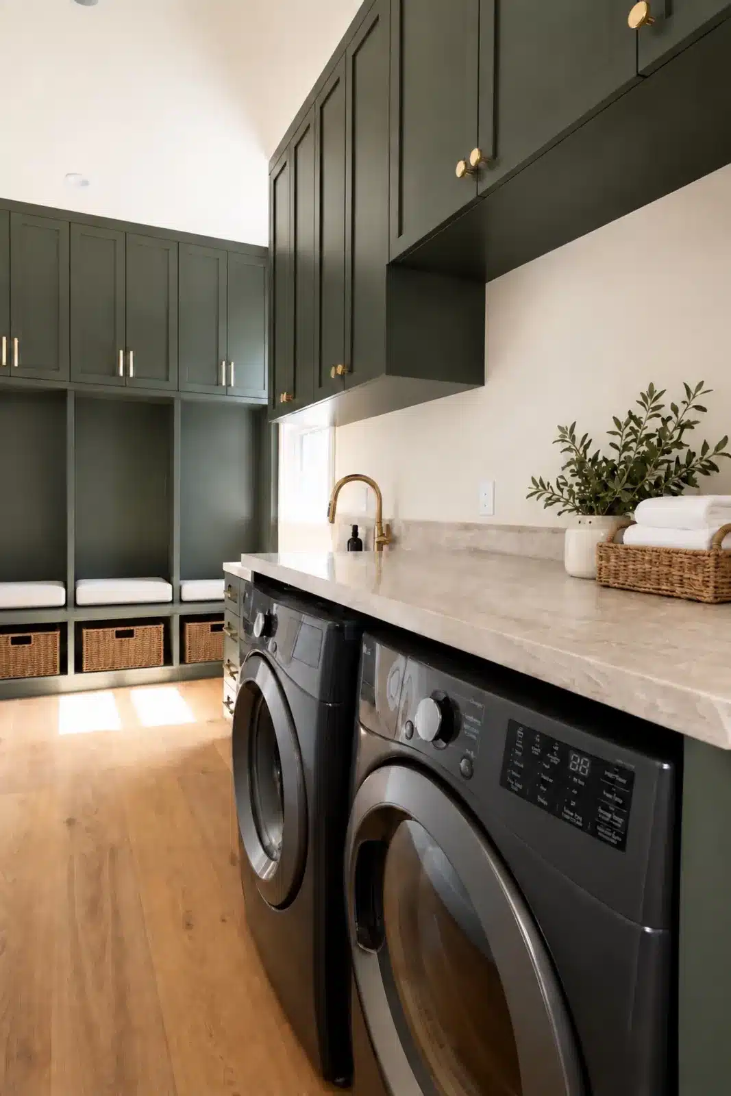 Laundry room with green cabinets, quartzite counters and front-load washer and dryer