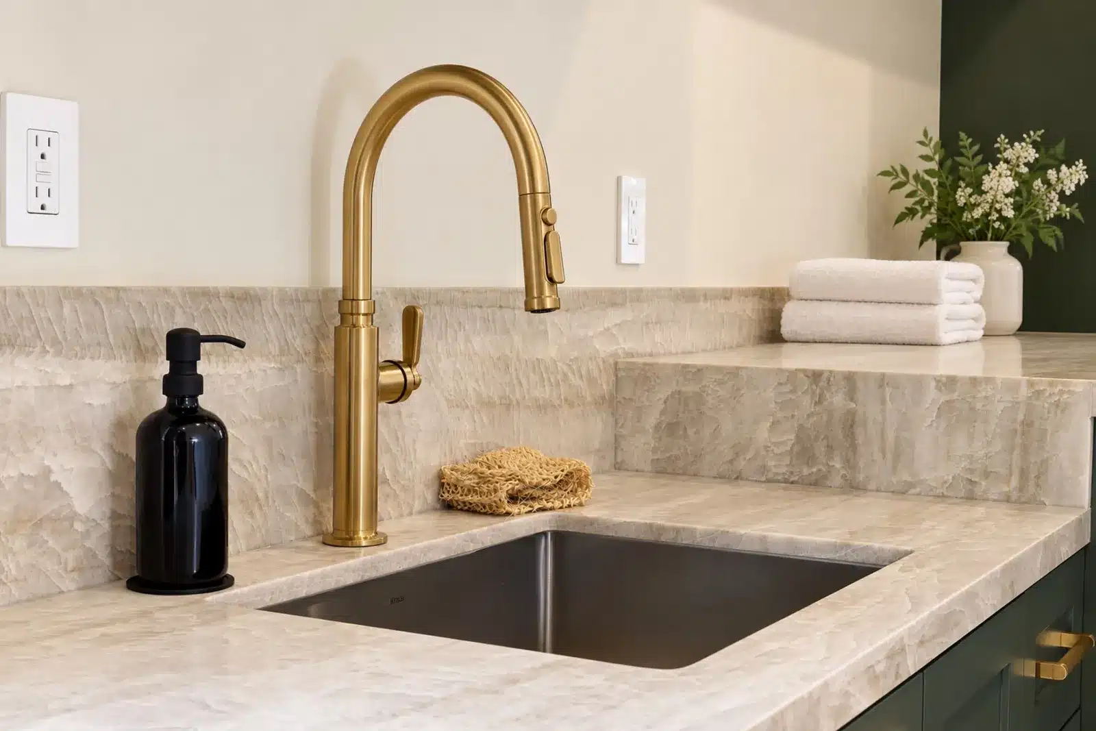 Laundry sink with brass pull-down faucet and quartzite counter