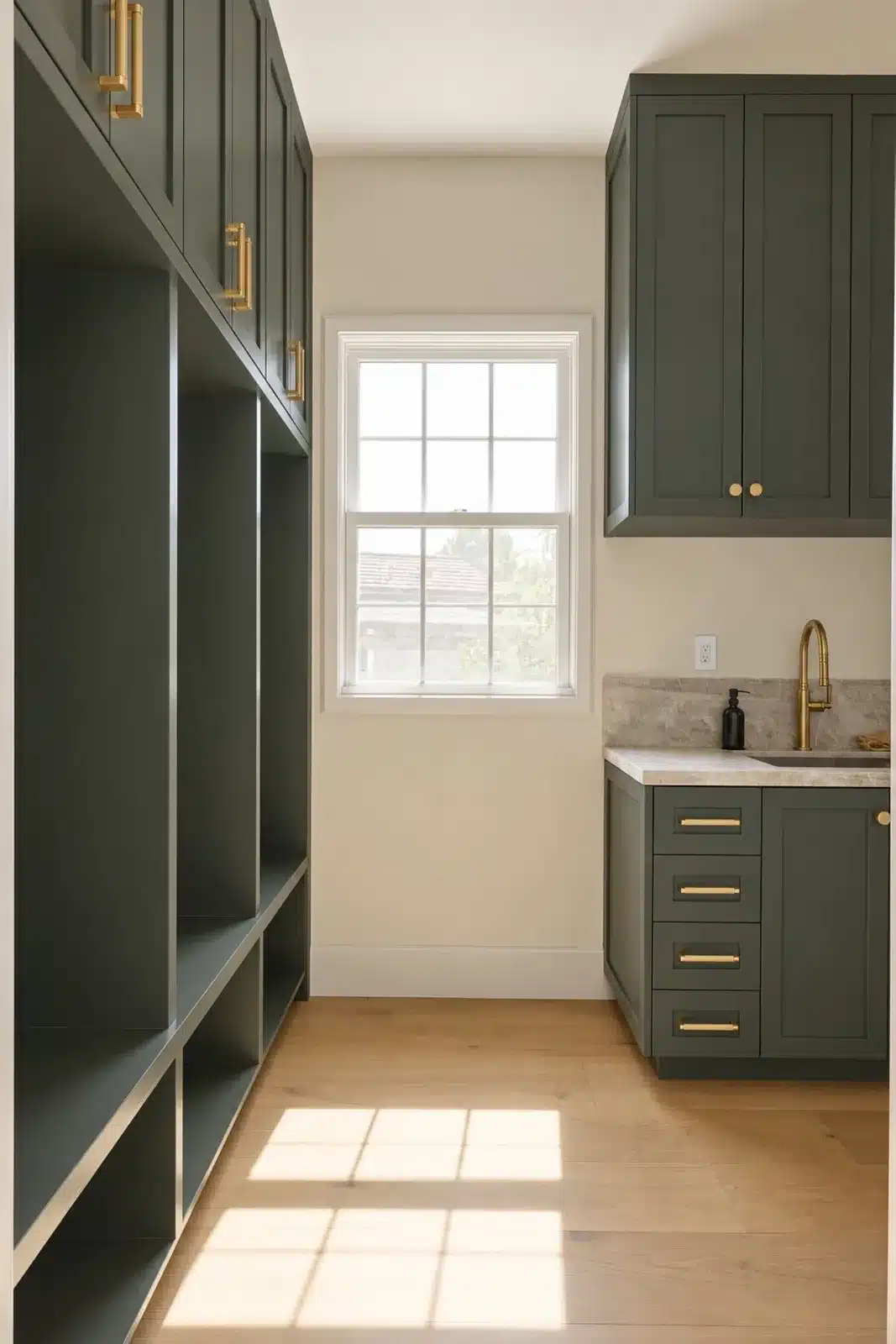 Mudroom with green built-in lockers and bench storage