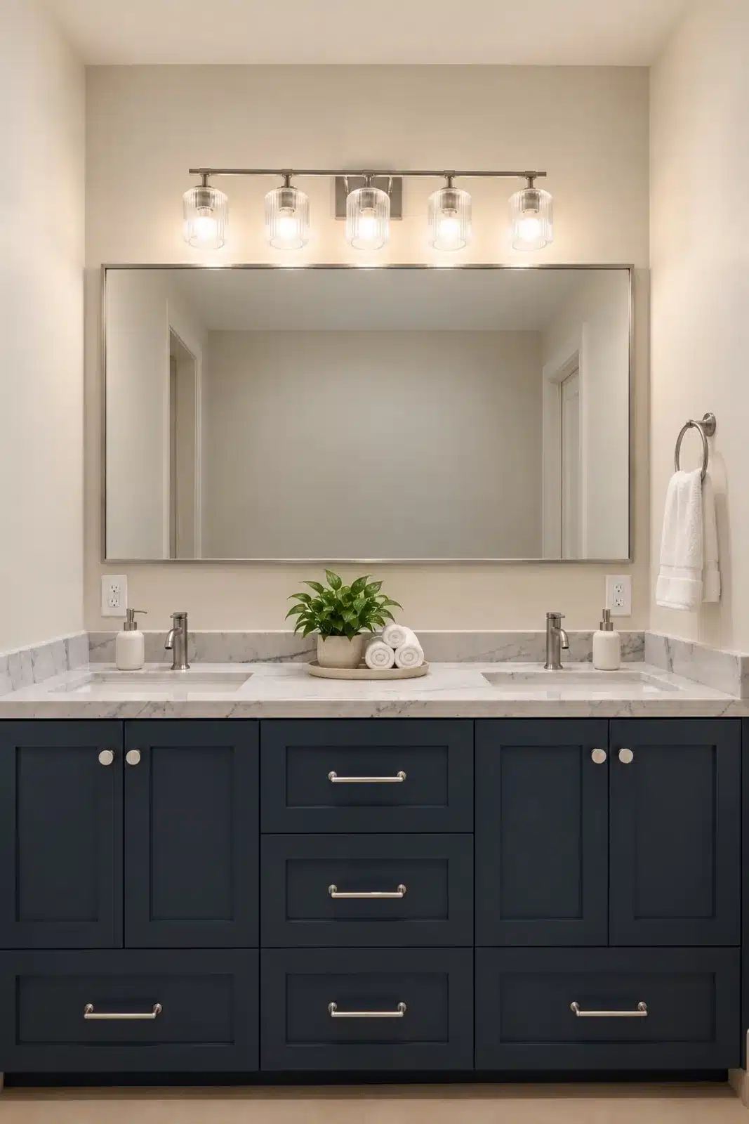 Navy double vanity with marble top and five-light vanity fixture