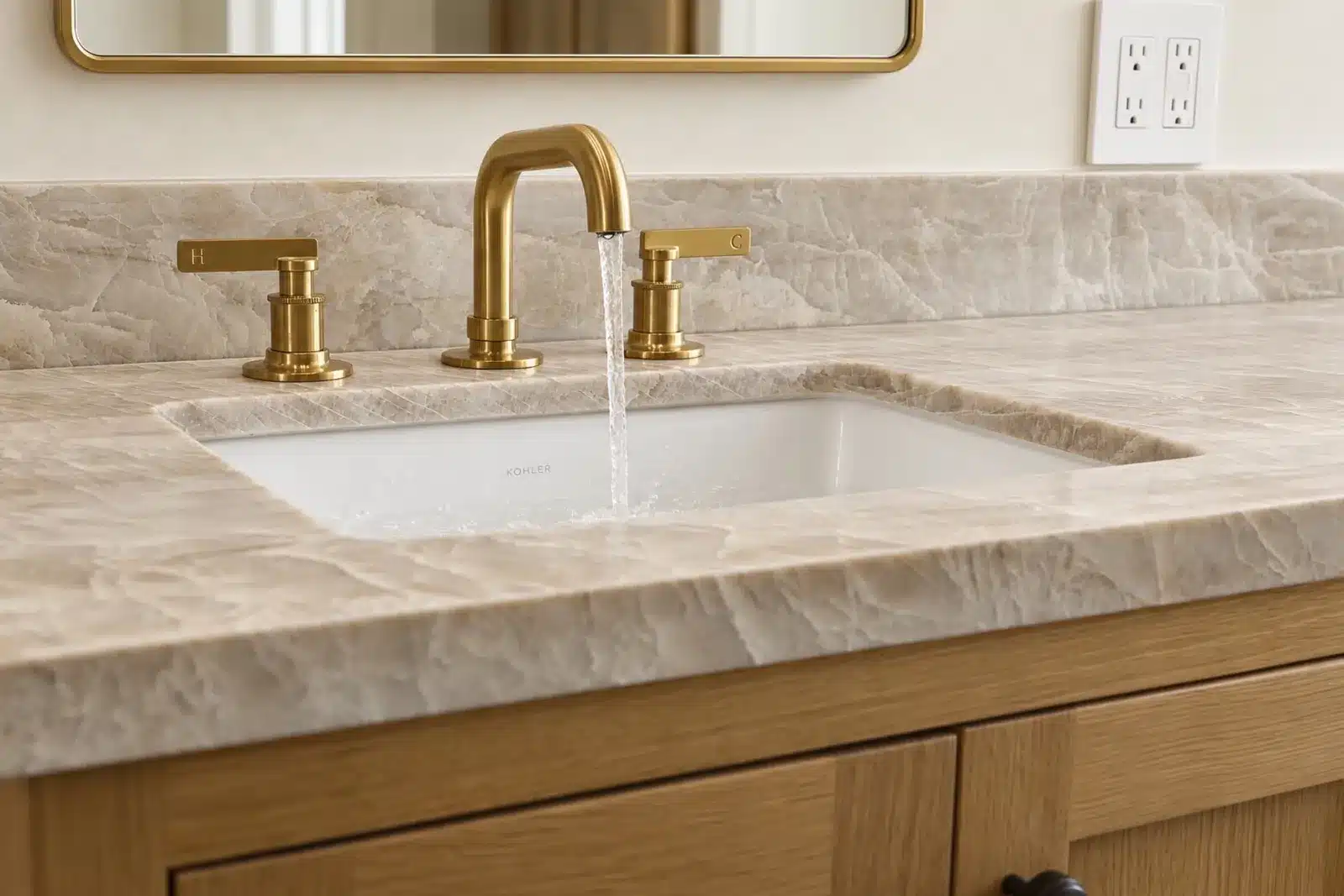 Brass faucet on quartzite vanity top over oak cabinetry