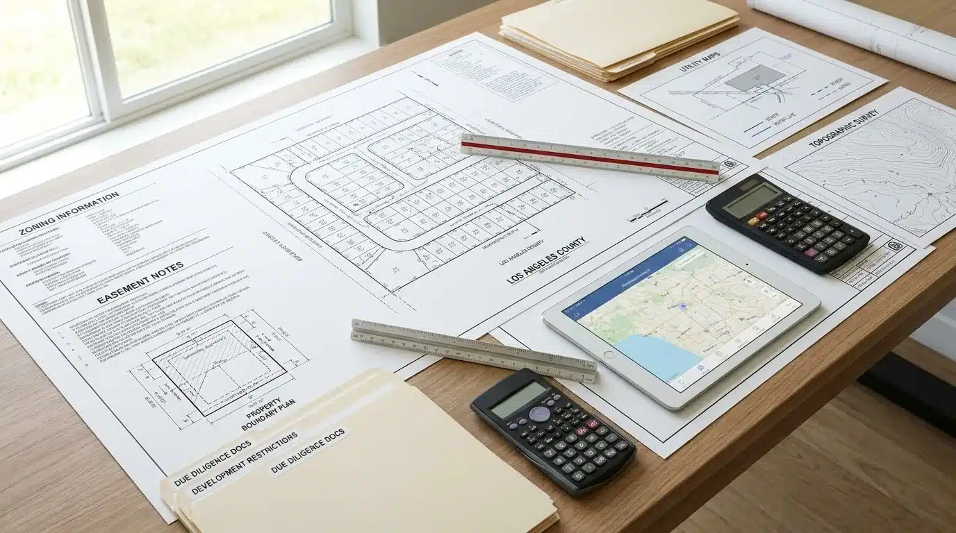 Parcel maps, zoning documents, and survey tools arranged for property jurisdiction research